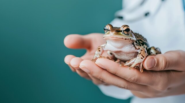 A person holds a frog in their hands, showcasing a close connection with nature and highlighting the frog's unique features against a soft green background.