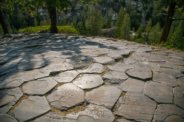 Volcanic Hexagons rock formations at the top of California’s Devil’s Postpiles National...