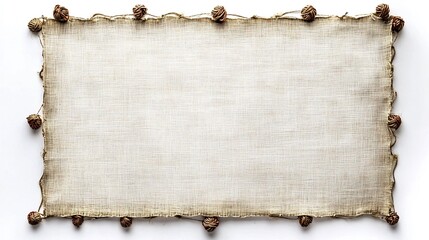 Fototapeta premium Blank Vintage Inspired Linen Fabric Sign with Embroidered Floral Border on White Background