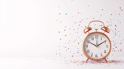 Festive Clock Striking Midnight with Colorful Confetti on White Background