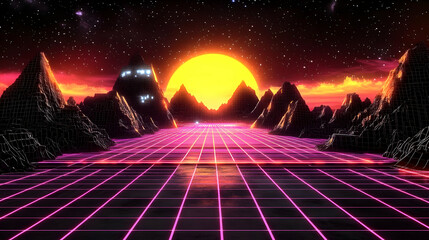 Retro Futuristic 3D Landscape with Neon Grid and Sunset