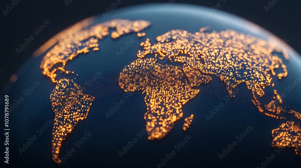 Poster glowing continents on a softly illuminated 3d globe map