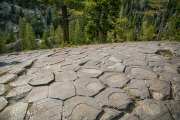 Volcanic Hexagons rock formations at the top of California’s Devil’s Postpiles National...