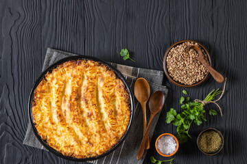 vegan shepherds pie of lentils with mashed potato