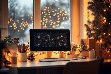 Cozy Holiday Workspace with Festive Decorations and Computer by Window : Generative AI