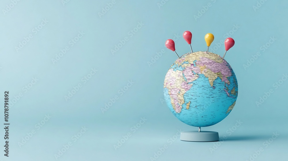 Poster 3d of globe with pin markers representing global connections and ample copy space
