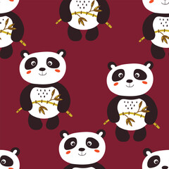 Seamless pattern with cute panda baby on color background. Funny asian animals. Card, postcards for kids. Flat vector illustration for fabric, textile, wallpaper, poster, gift wrapping paper