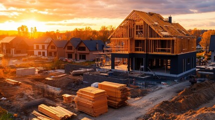 New Home Construction Site Aerial Sunset View Residential Development Building Process Wood Frame
