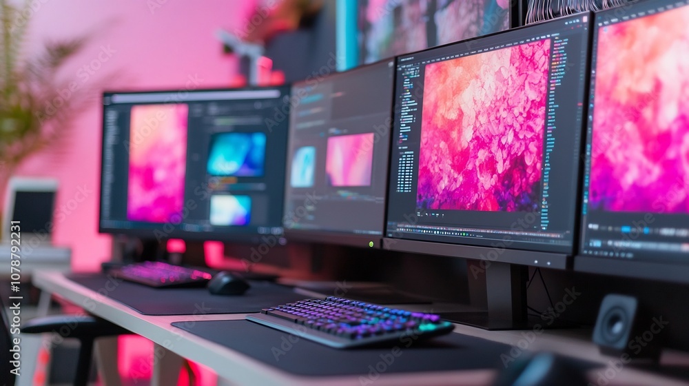 Aufkleber vibrant creative digital workspace with multiple screens and open design software