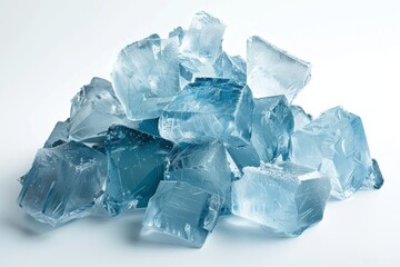Obraz premium Ultra-realistic close-up photograph of clear blueish-white ice crystals on a pure white background, with studio lighting.