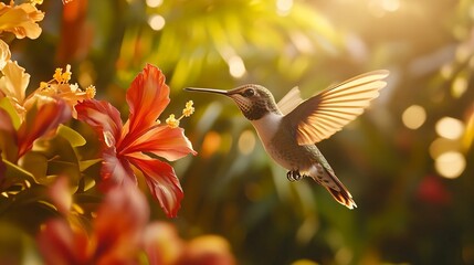 Naklejka premium Hummingbird in Flight, Feeding on a Red Flower.