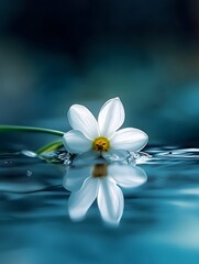 A single white flower floats on the surface of still blue water, its reflection visible below.