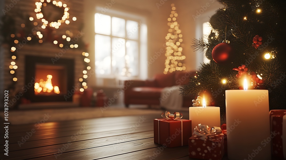 Poster Festive Christmas Room with Illuminated Tree and Warm Ambiance : Generative AI