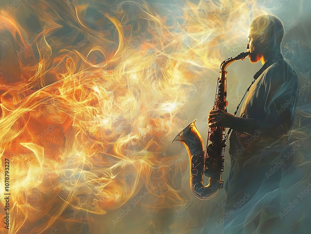 Poster ethereal jazz saxophone performance with cascading abstract shapes and glowing radiance