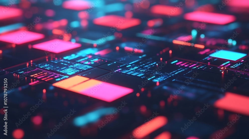 Poster futuristic floating digital art icons in virtual workspace with abstract glowing background