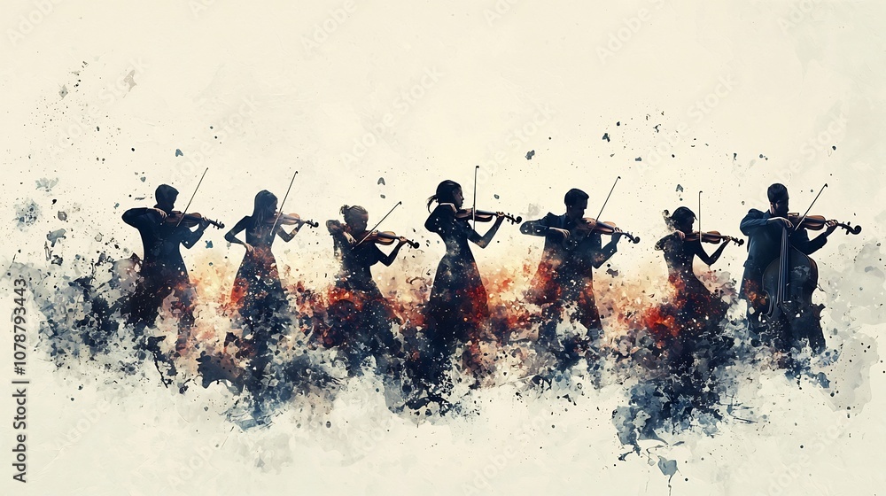 Poster captivating abstract forms of classical musicians in performance on blank background
