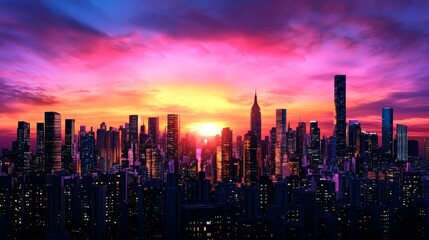 Fototapeta premium Vibrant City Skyline Sunset Urban Landscape Panorama