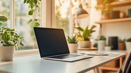 Modern Home Office with Natural Light and Indoor Plants for a Peaceful Work Environment : Generative AI