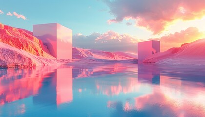 3d Render, Abstract Surreal pastel landscape 