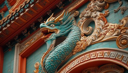 Fototapeta premium AI generator image of green red and gold dragon,chinese dragon contemporary residential building being painted by workers,construction craftsman painting and creating a sculpture. beautiful dragon
