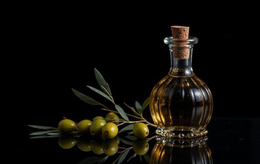 Olive oil bottle with fresh olives and leaves.