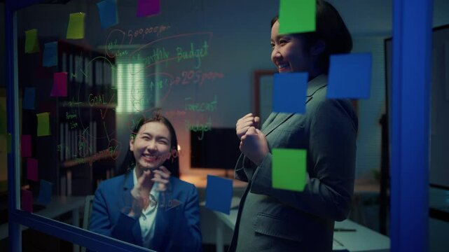 Two young businesswomen are discussing strategy in the office at night. They are using a glassboard with financial data and colorful sticky notes