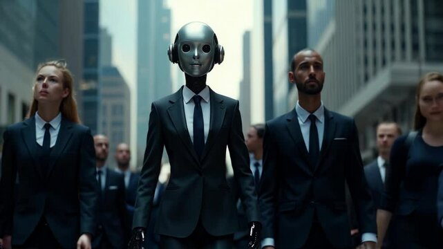 A futuristic, black-suited android walks confidently through a crowded urban street filled with identical men, symbolizing conformity, technology, and artificial intelligence in modern society.
