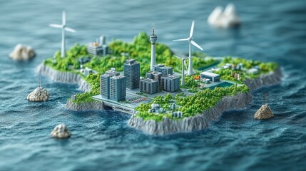 Miniature island cityscape with modern buildings and wind turbines