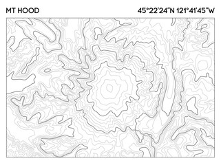 Contour map of Mt Hood featuring detailed elevation lines and geographic coordinates. Topographic map vector.
