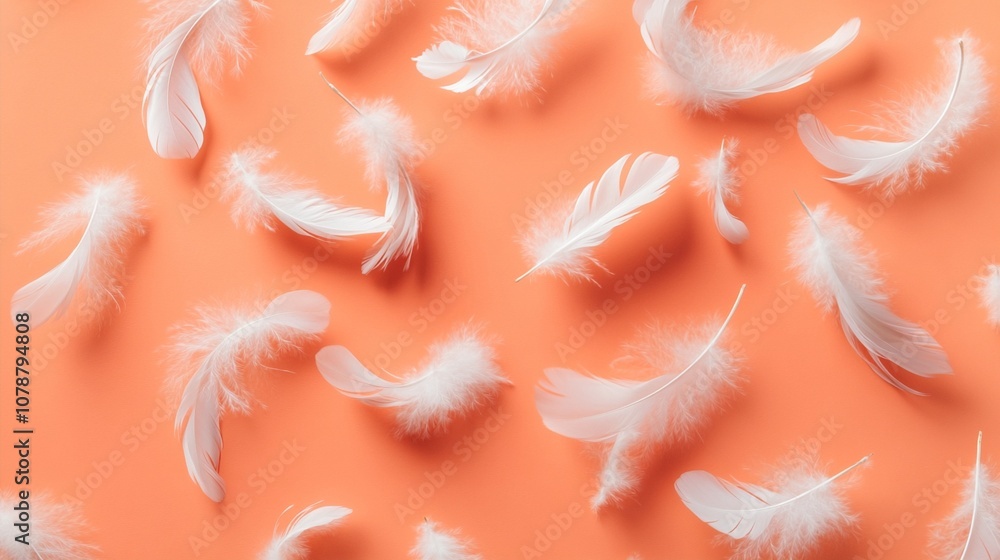 Poster delicate white feathers scattered on a soft peach background, creating a dreamy and ethereal composi