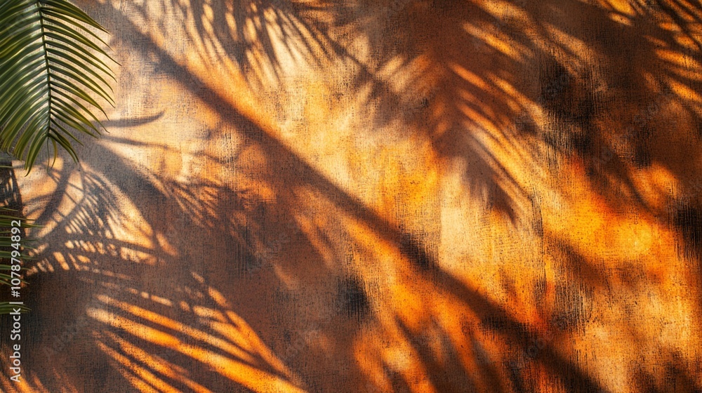 Poster sunlight filters through palm fronds, casting intricate shadows on a textured golden wall, creating 