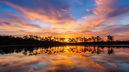 Obraz premium A tranquil lakeside at sunset with silhouettes of trees along the shoreline.