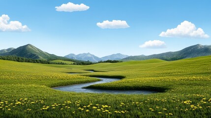 Serene Spring Meadow Landscape Rolling Hills River Wildflowers