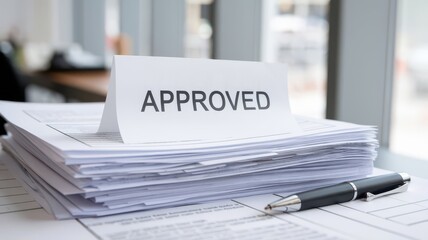 A stack of paperwork with a prominently displayed "APPROVED" sign on top, alongside a pen, suggesting successful processing or document validation.