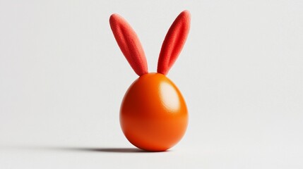 Playful Easter concept: orange egg with red bunny ears on white background, blending holiday tradition with modern minimalist design aesthetic.