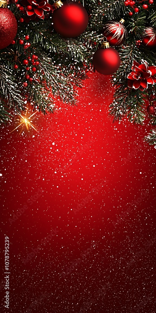 Poster glittering christmas background with red baubles and frosted pine branches : generative ai