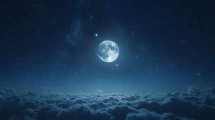 Digital Illustration of a Full Moon Shining Brightly in the Night Sky, Surrounded by Stars and a Sea of Fluffy Clouds