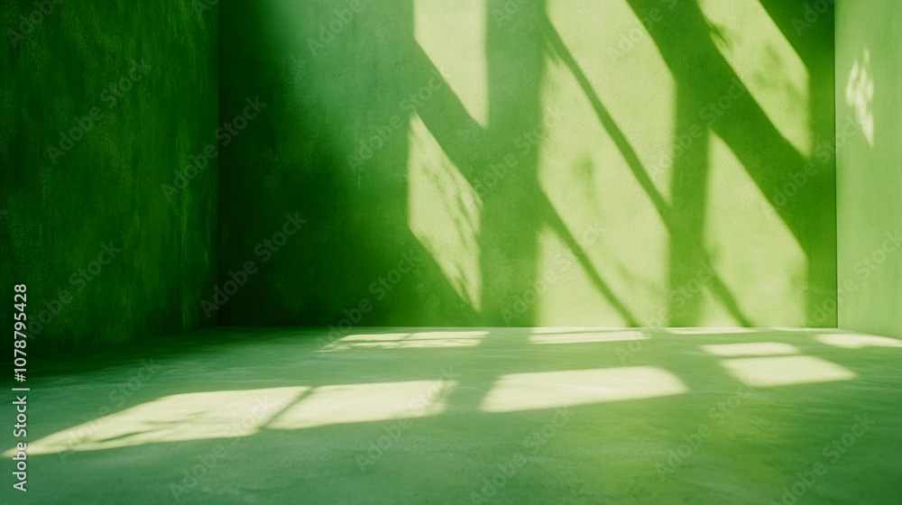 Poster sunlight casts geometric shadows on green walls and floor, creating a mesmerizing interplay of light