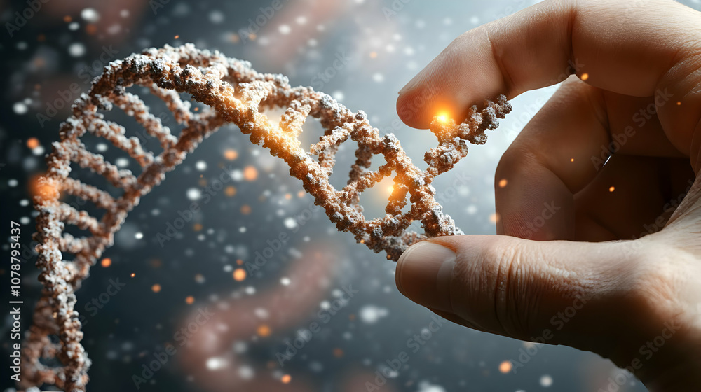 Poster a hand holds a 3d rendered dna helix with glowing particles in the background
