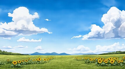 Sunny Summer Field Sunflowers Blue Sky Clouds Landscape