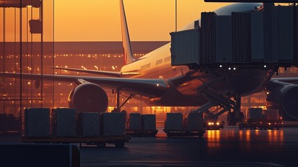 Freight plane unloading packages at an airport terminal