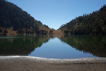 Lake Ranu Kumbolo, a source of clean water for the climbers of Mount Semeru. Located in the Bromo Tengger Semeru National Park area, between Malang and Lumajang, East Java.