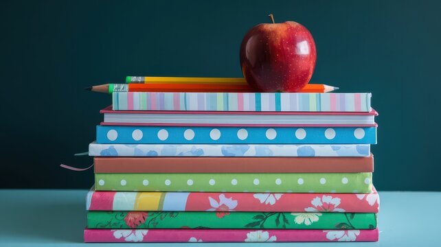 Colorful notebooks stacked together, topped with a red apple and a yellow pencil, set against a dark green background.