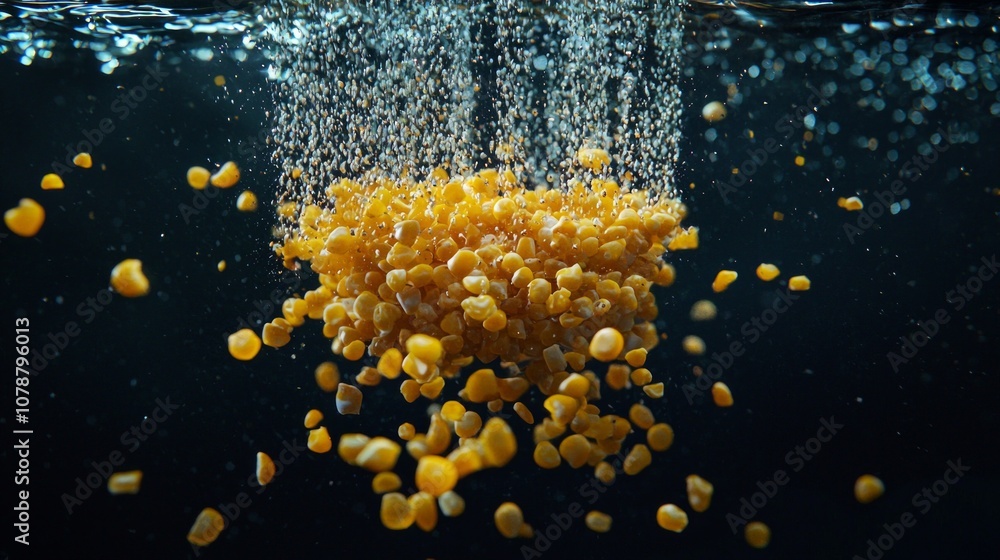 Poster corn grits are seen suspended water piece distinctively separated as bubbles rise them creating dyna