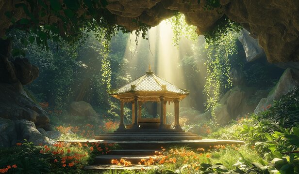 AI generator image of thai tample in cave Thailand. The scene should include the small, delicate pavilion bathed in natural, golden sunlight streaming through a large opening in the cave's ceiling. 