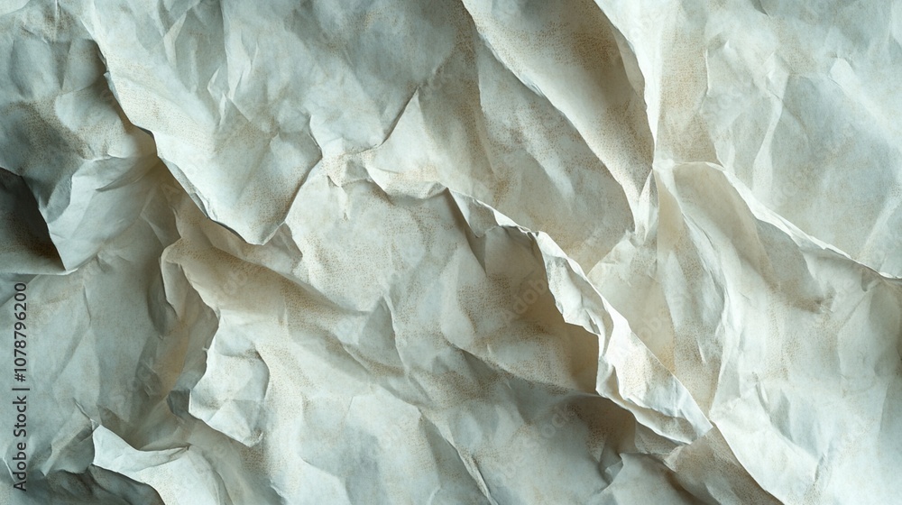 Poster crumpled white paper texture with deep shadows and highlights, creating a dynamic abstract landscape