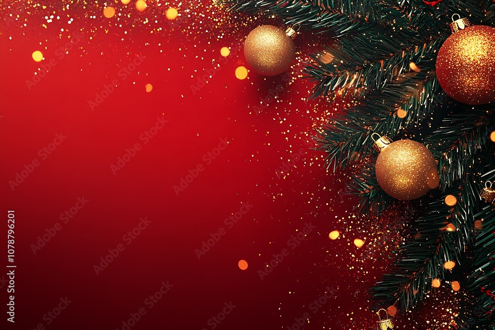Poster elegant red and gold christmas background with glittering pine branches and ornaments : generative a