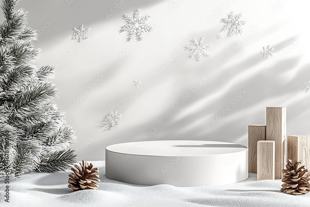 Poster serene winter setup with pine trees and snowflakes featuring snow-covered podium and wooden blocks :