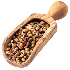 Front view of a wooden scoop filled with dry Organic Jowar or Sorghum isolated on a transparent background