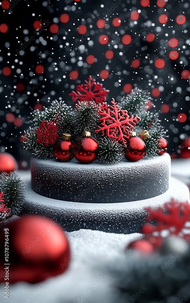 Poster snowy christmas display with red ornaments and pine cones on black and white background : generative